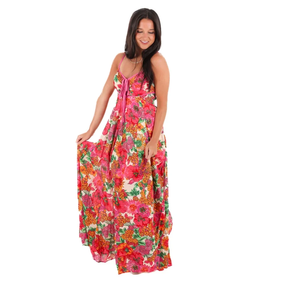 FREE PEOPLE PINK FLORAL DREAM WEAVER BOHO MAXI DRESS SZ XS